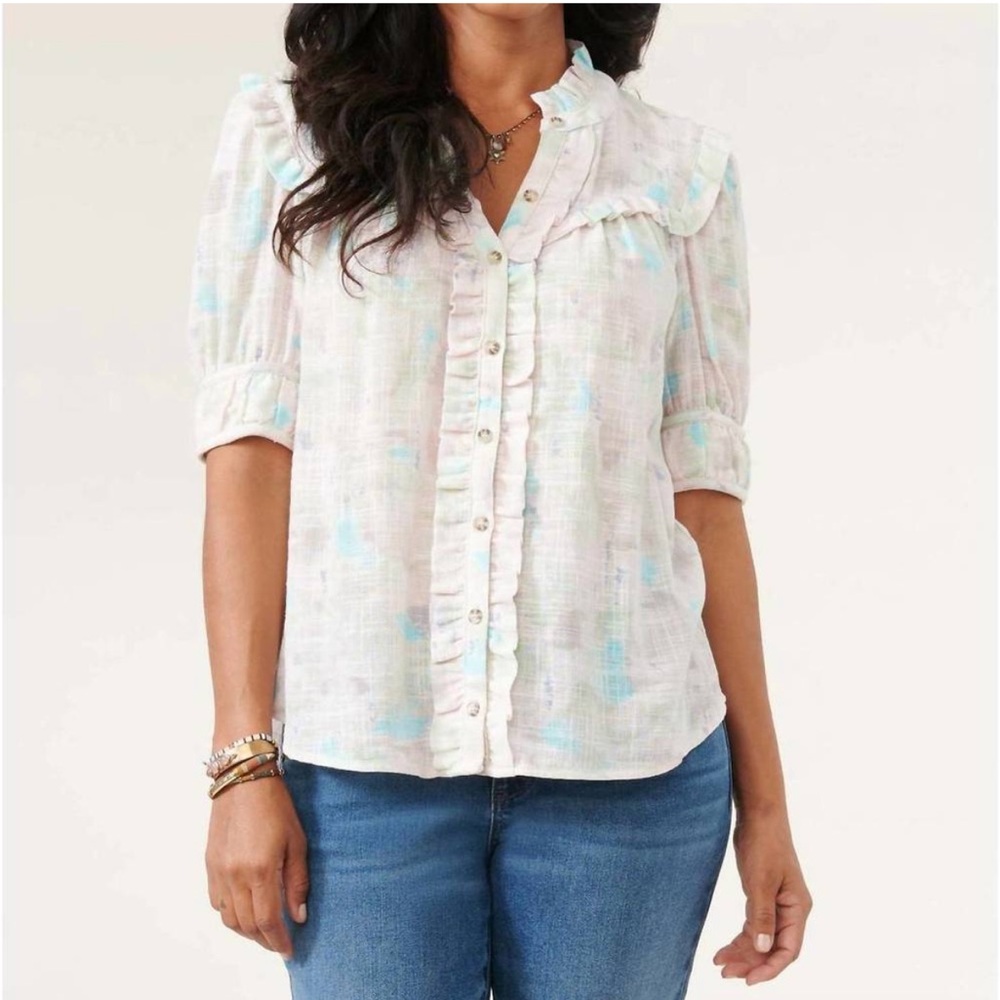 Democracy Elbow Sleeve button down ruffle trim yoke woven shirt/top XL - Picture 15 of 16